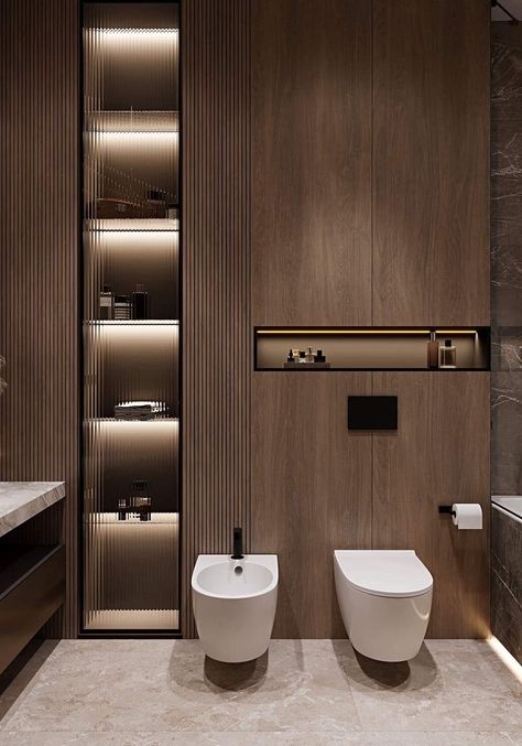 Bathroom Ideas Storage Cabinets, Bathroom Wood Paneling, Small Powder Room Design, Luxury Guest Bathroom, Bathroom Behance, Luxury Hotel Bathroom, Hotel Bathroom Design, Hotel Bathrooms, All Modern Furniture