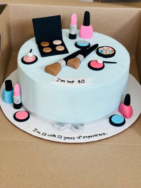 Makeup Cake Designs Birthday, Makeup Theme Cake, Make Up Theme Cake Design, Cake Designs Makeup Theme, Make Up Birthday Cake Girls Kids, Camping Theme Cakes, Nail Polish Cake, Makeup Fondant Cake, Makeup Birthday Cakes