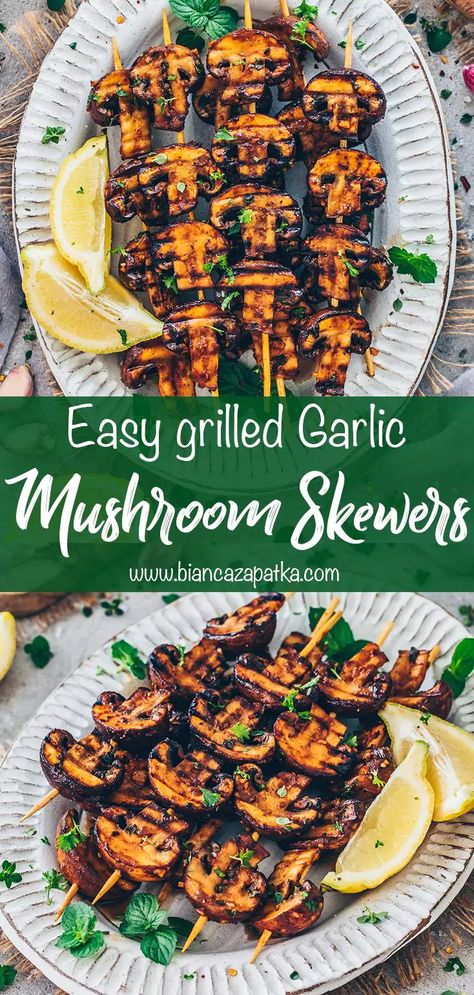 This quick and easy recipe for flavorful Grilled Garlic Mushroom Skewers is the perfect summer cookout side dish or appetizer! #mushrooms #garlic #garlicmushrooms #mushroomskewers #skewers #grilling #vegangrilling #bbq #barbecue #veganrecipes #vegetarian #recipes #food #vegan #lowcarb #diet #foodrecipes #weightloss #spicy #vegetables #healthyfood | biancazapatka.com Mushroom Skewers Grilled, Grilled Mushrooms Skewers, Veggie Skewers Grill, Vegan Bbq Ideas, Bbq Mushrooms Recipes, Vegan Barbeque Recipes, Skewer Ideas, Vegetarian Skewers, Vegetarian Cookout