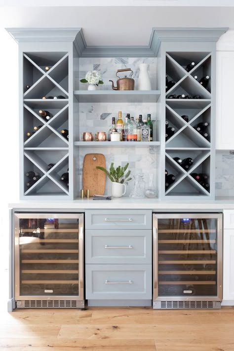 Personalized home coffee bar ideas - blue kitchen cabinets, marble backsplash, and two wine refrigerators. Fridge Wall, Wine Station, Bar Corner, Beverage Station, Bar Mini, Beverage Bar, Blue Kitchen Cabinets, Coffee Bars, Built In Bar