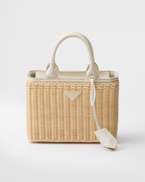 Tan/White Medium wicker and linen blend tote bag | PRADA Prada Bag Collection, Re Edition Prada, Purse Game, Prada Tote Bag, Queen Style, Luxury Bags Collection, Dream Bag, Honeymoon Outfits, London Spring