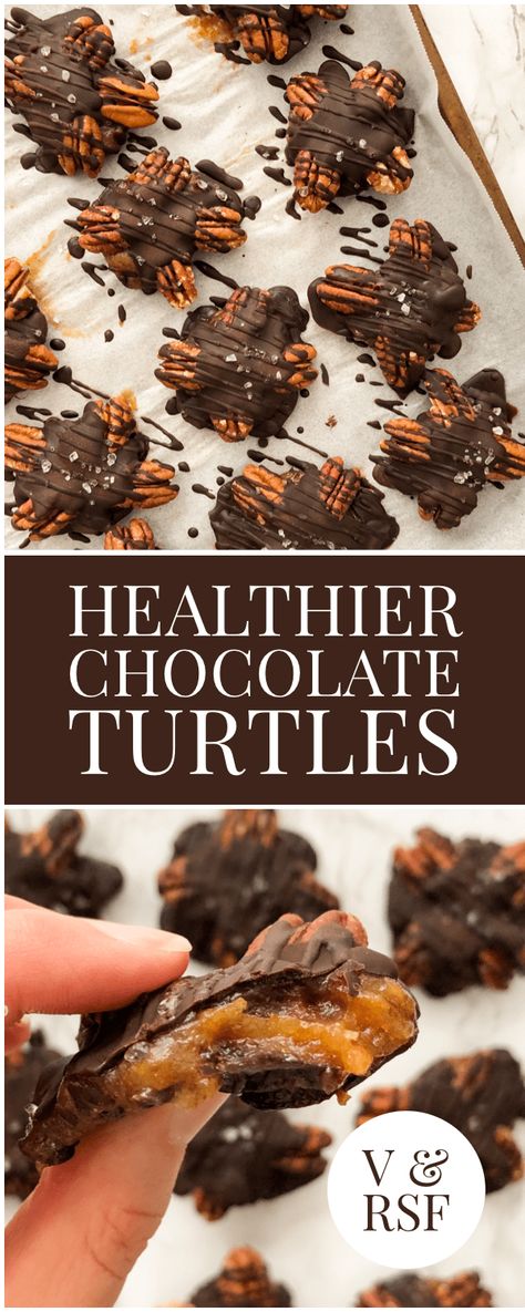 Chocolate Turtles Recipe, Turtles Recipe, Turtle Dessert, Turtle Recipe, Fat Free Recipes, Date Caramel, Healthy Dark Chocolate, Chocolate Deserts, Chewy Chocolate Cookies