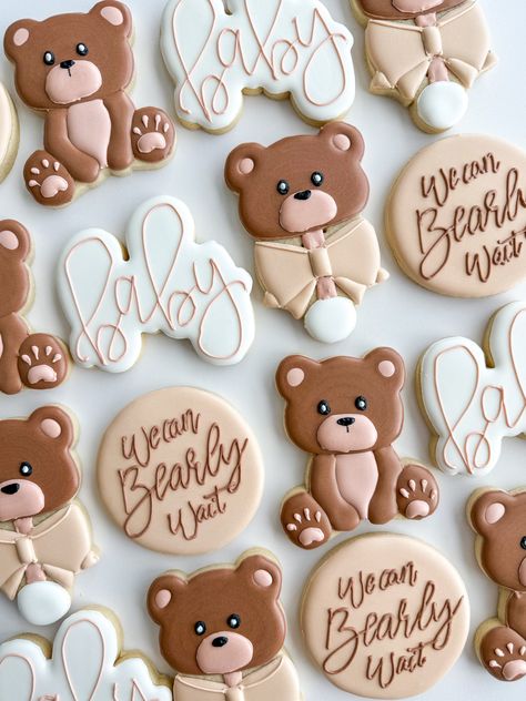 Bear baby shower sugar cookies are perfect for your baby shower. This cookie set includes Teddy bear cookies, bear rattle cookies, baby plaque cookies, and "We can bearly wait" cookies. Gender neutral colors for your baby boy's shower also work well for a baby girl's shower by adding head bow details.  This listing is for 1 dozen (12) sugar cookies. All our cookies are made to order, your cookies will be made in small batches from scratch, and they will arrive in individual cello bags heat-seale Teddy Bear Theme Cookies, Baby Bear Theme Baby Shower Ideas, We Can Bearly Wait Baby Shower Table, We Can Barely Wait Cookies, Barely Wait Baby Shower Theme Boy, We Can Bearly Wait Girl Theme, We Can Bearly Wait Baby Shower Cookies, I Can Barely Wait Baby Shower Boy, Baby Shower Boy Bear Theme