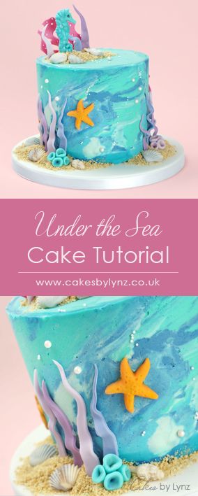 Marbled Buttercream Under the Sea Cake Tutorial - Cakes by Lynz Marbled Buttercream Cake, Fondant Coral, Underwater Birthday Cake, Marbled Buttercream, Seahorse Cake, Ocean Birthday Cakes, Edible Sand, Rodjendanske Torte, Under The Sea Cake