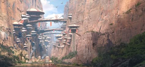 ArtStation - Canyon Civilization Vertical City Close Up, jordi van hees Canyon City, Vertical City, Sci Fi Landscape, Sci Fi City, Star Wars Concept Art, Star Wars Rpg, Paintings And Drawings, Landscape Concept, Galaxy Painting