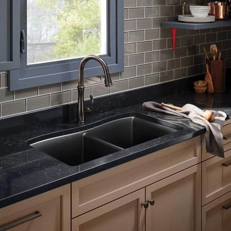 KOHLER Kennon Dual Mount Neoroc Granite Composite 33 in. 1-Hole Double Bowl Kitchen Sink in Matte Black K-RH8185-1-CM1 Black Sink White Counter, Kitchen Sink Drainboard, Ranch Interior, Cast Iron Kitchen Sinks, Black Countertop, Granite Composite Kitchen Sink, Small Kitchen Sink, Composite Sinks, Modern Kitchen Sinks