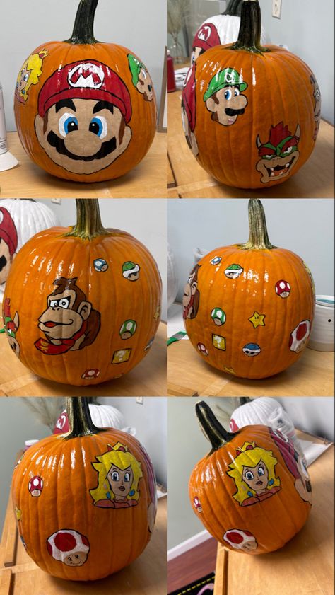 Mario And Luigi Pumpkin Painting, Mario Painted Pumpkin, Princess Peach Pumpkin Painting, Super Mario Pumpkin Painting, Mario Pumpkin Painting, Super Mario Pumpkin, Mario Pumpkin, Halloween Pumpkin Painting Ideas, Halloween Pumpkin Painting