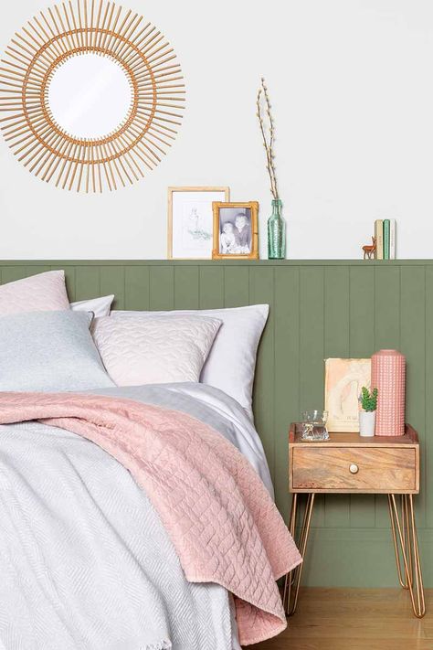 With coordinating shades, the new Linda Barker Paints range has a water based formula and is made from natural ingredients. From £28 for 1 litre of eggshell or satin paint. This gorgeous mossy green looks perfect with a candy pink. |  #homedesign #interiorinspo #renovation #homedecorideas #dreamhome #homeremodel #interiordesign #pastelbedroom #pastelshades #pinkandgreen #greenandpink #pinkbedroom  #pinkhome #pinkandgreenideas #greenbedroom #decoratingideas #kbbmag Apartment Decorating Pink And Green, Sage And Beige Bedroom, Pink Feature Wall Bedroom, Tongue And Groove Bedroom, Pink And Green Bedroom Aesthetic, Pink And Green Bedroom Ideas, Sage Green And Pink Bedroom, Pink And Green Bedroom, Pink Green Bedrooms