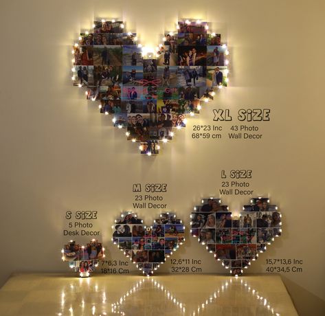 On Valentine's Day, you can collect your photos and memories of your past on a single heart board. The lighted heart board will be a great gift on Valentine's Day. The photos you took with your girlfriend are positioned in the most beautiful places by the design team and sent to you ready-made. ------DESCRIPTION& INFORMATION------ 1 -) Fairy Led lights are shipped with installed. When received, it can be hang on the wall immediately. You do not need to take any additional action for the installa Heart Photo Collage, Collage Frame, Photo Wall Decor, Framed Photo Collage, Cute Couple Gifts, Heart Photo, Frame Picture, Gift Photo