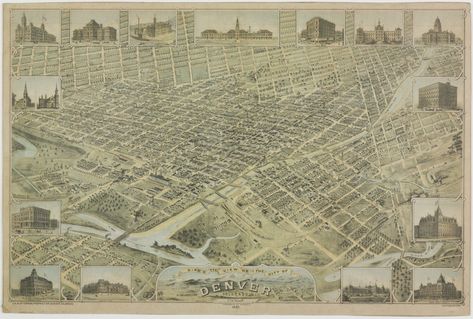 Denver History, Birds Eye View Map, Mile High City, Denver City, City Planner, Downtown Denver, Capitol Building, Street Names, Birds Eye View