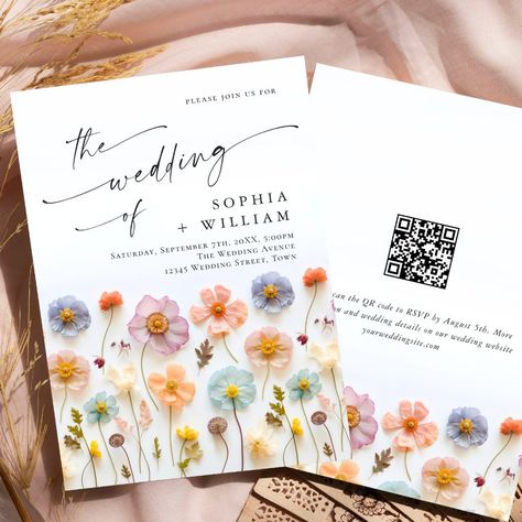 For further customization, please click the "Personalize this template", then "Edit using Design Tool". Stylish editable easy to use wedding templates, more items available in the store (invitations, rsvp, thank you cards, stationery & decor). If you need help or matching items, please contact me. Qr Code Invitation, Watercolor Field, Wedding Qr Code, Pastel Wedding Theme, Wildflower Wedding Theme, Wildflowers Wedding, Flowers Pressed, Wildflower Wedding Invitations, Floral Wreath Wedding