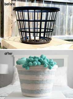 I Heart Organizing, Diy Rope Basket, Dollar Store Organizing, Rope Basket, Décor Diy, Dollar Tree Crafts, Dollar Store Crafts, Dollar Store Diy, Diy Bathroom