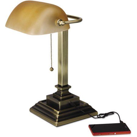 Alera Traditional Banker's Lamp with USB, 16 inch High, Amber Glass Shade with Antique Brass Base, Black Gold Desk Lamps, Bankers Desk Lamp, Piano Lamps, Bankers Lamp, Indoor Lighting Fixtures, Cfl Bulbs, Metal Desks, Task Lamps, Lamps For Sale