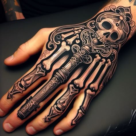 Skull Bones Tattoo, Cross Bones Tattoo, Hand Skull Tattoo, Bone Hand Tattoo, Skeleton Key Tattoo, Bones Tattoo, Hand Tattoo Design, Ancient Key, Full Hand Tattoo