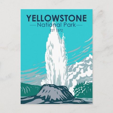 Yellowstone National Park Castle Geyser Vintage National Parks Card - outdoor camping hiking, yellowstone national park, yellowstone souvenir, cool beautiful nature landscape, retro vintage travel, matching family tourist trip, wyoming montana vacation, us national parks memento wpa, forest mountain wilderness, castle geyser Forest Vector, Montana Vacation, Wpa Posters, Retro Style Posters, Visit Yellowstone, Vintage Words, Old Faithful, Us National Parks, Vector Artwork