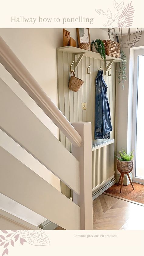 Above Radiator Decor, Radiator Wall Decor, Hallway Panelling With Radiator, Wall Above Radiator Ideas, Hallway Panelling With Hooks, Entry Hallway Panelling, Wall Panelling Around Radiator, Tongue And Groove Hallway Stairs, Coat Hooks Above Radiator