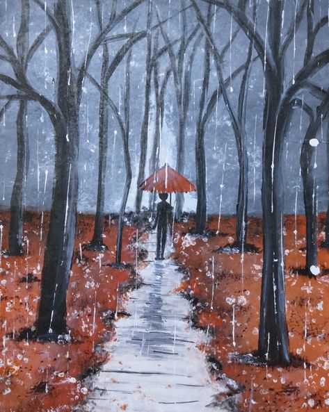 Rainy Day Artwork, Water Colour Rainy Season Painting, Rain Scenery Painting, Rain Storm Painting, Rainy Day Painting Easy, Rainy Day Painting Ideas, Rainy Street Painting, Rain Day Drawing, Rainy Day Drawing Watercolors