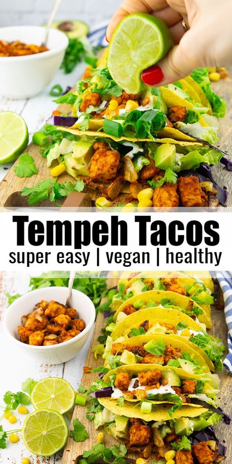 Shake up your taco game with these smoky and hearty tempeh tacos with corn, cilantro, and avocado. The recipe is incredibly easy, fresh, healthy, and it might just become your new taco obsession! They make a quick vegan dinner for busy weekdays and of course they are perfect for Taco Tuesday! Quick Vegan Dinner, Tempeh Tacos, Vegan Tacos Recipes, Recipes Meatless, Meat Replacement, Mexican Street Corn Salad, Vegetarian Tacos, Quick Vegan, Vegan Tacos