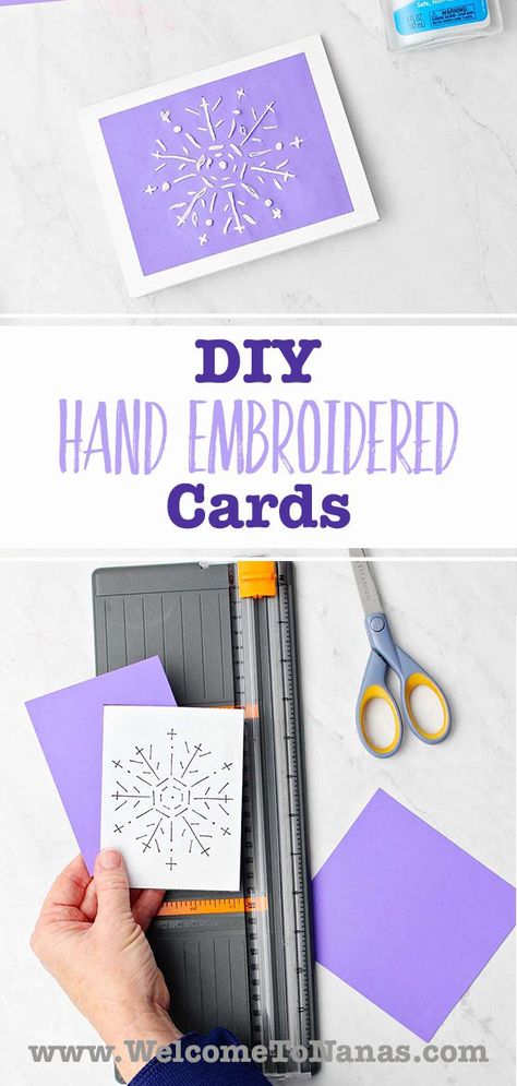 These Hand Embroidered Cards are so much fun to make, and to give away! Learn a few simple hand sewing knots and stitches to make four cute cards from a free printable pattern. #DIYCard #KidsCraft #EasyEmbroidery Free Paper Embroidery Patterns, Card Patterns Free Printable, Embroidered Cards Patterns, Cross Stitch On Paper, Hand Embroidered Cards, Embroidered Cards Diy, Stitched Cards Handmade, Thread Cards Diy, Embroidery Cards Pattern Free Printable