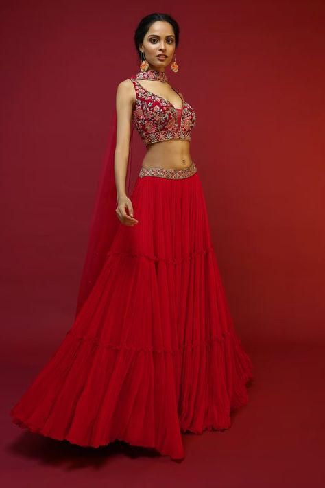 Plain red lehenga with embroidery blouse . #beingsthri #sthri . . [This Content is not owned by Sthri. This is a Style blog created for Daily Blogging Purpose only] Plain Red Lehenga, Party Wear Lehenga Designs, Royal Blue Lehenga, Plain Lehenga, Maroon Lehenga, Ruffle Dupatta, Lehenga Crop Top, Coral Skirt, Delhi Wedding