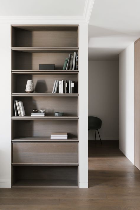 Living room | Apartment in Mindaugo street by AKTA studio Apartment Living Room Storage, Shelving Design, Interior Minimalista, Bookshelf Design, Room Storage, Furniture Details, Living Room Storage, Shelf Design, Book Shelf