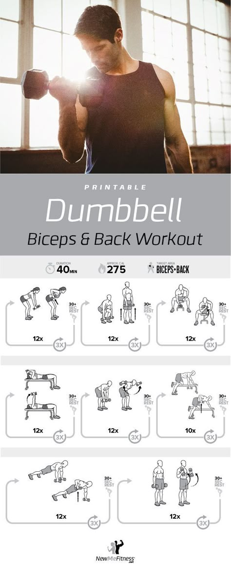 Biceps And Back Workout, Newme Fitness, Back Bicep Workout, Dumbbell Bicep Workout, Workout Printable, Back And Bicep Workout, Dumbbell Workout At Home, Bicep Workout, Card Workout