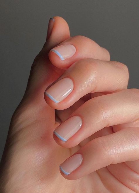 Light blue French tips Pedicure Aesthetic, Neutral Nail Color, Chrome Nail Polish, Bridesmaids Nails, Light Blue Nails, Baby Blue Nails, French Nail Designs, Blue Nail Designs, Neutral Nails