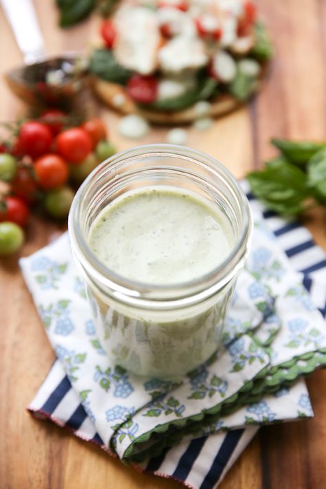 A deliciously flavorful ranch style dressing infused with fresh basil. Perfect for salads, sandwiches, and as a dip! Low Sodium Salad Dressing, Cilantro Ranch Dressing Recipe, Low Sodium Salad, Cilantro Ranch Dressing, Healthy Ranch Dressing, Goddess Dressing Recipe, Avocado Ranch Dressing, Vegan Ranch Dressing, Buttermilk Ranch Dressing