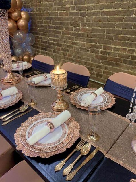 Navy Blue And Rose Gold Tuxedo, Rose Gold Place Setting Wedding, Rose Gold And Royal Blue Party, Rose Gold And Gold Table Setting, Navy Blue And Rose Gold Party Decor, Rose Gold And Navy Blue Table Decor, Rose Gold And Navy Blue Centerpieces, Navy And Rose Gold Party, Navy Blue And Rose Gold Birthday Party