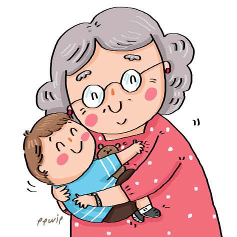 Grandma & Child Grandma Drawing, Tired Cartoon, Paint Cartoon, Motherhood Illustration, Cartoon Grandma, Happy Grandparents Day, Illustrator Inspiration, Creative Textiles, Baby Illustration