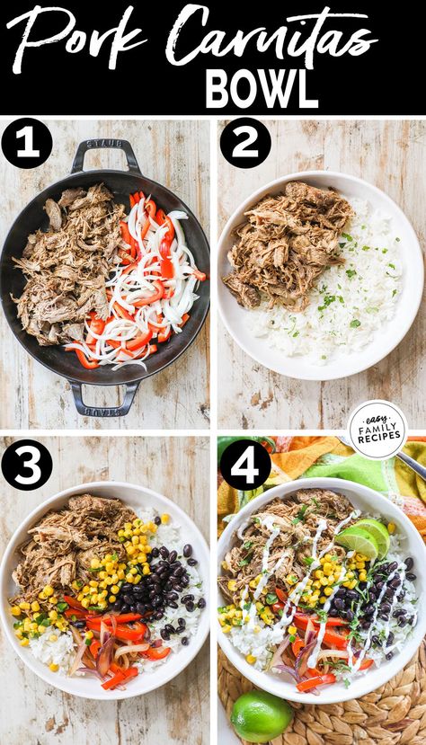 EASY family friendly dinner! Pork carnitas bowls are the perfect, kid friendly and parent loved dinner. Use left over flavorful, slow cooker pork, cilantro lime rice, and prepped toppings for a super easy and super quick meal. Easy clean up, one pan cooking, and totally customizable toppings make this an instant win for any family. Pork Carnitas Bowls, Pork Carnitas Bowl, Pork Carnitas Toppings, Carnitas Bowls, Carnitas Burrito Bowl, Carnitas Bowl, Pork Bowl Recipe, Pork Bowls, Pulled Pork Carnitas