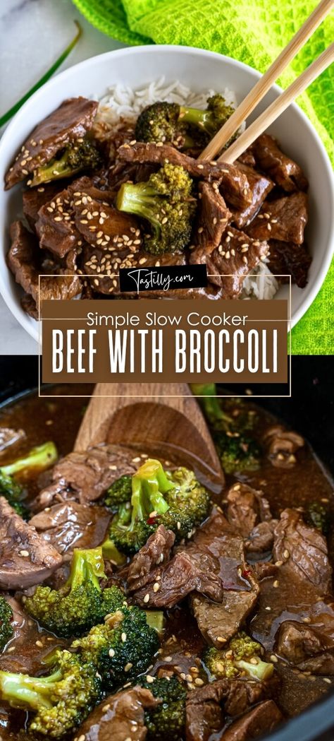 Set & Forget Simple Slow Cooker Beef With Broccoli - Tastilly Slow Cooker Broccoli Beef, Lunch Ideas Beef, Slow Cooker Asian Recipes, Slow Cook Beef Recipes, Beef And Broccoli Crock Pot, Crock Pot Beef And Broccoli, Slow Cooker Beef And Broccoli, Beef With Broccoli Recipe, Crockpot Beef And Broccoli