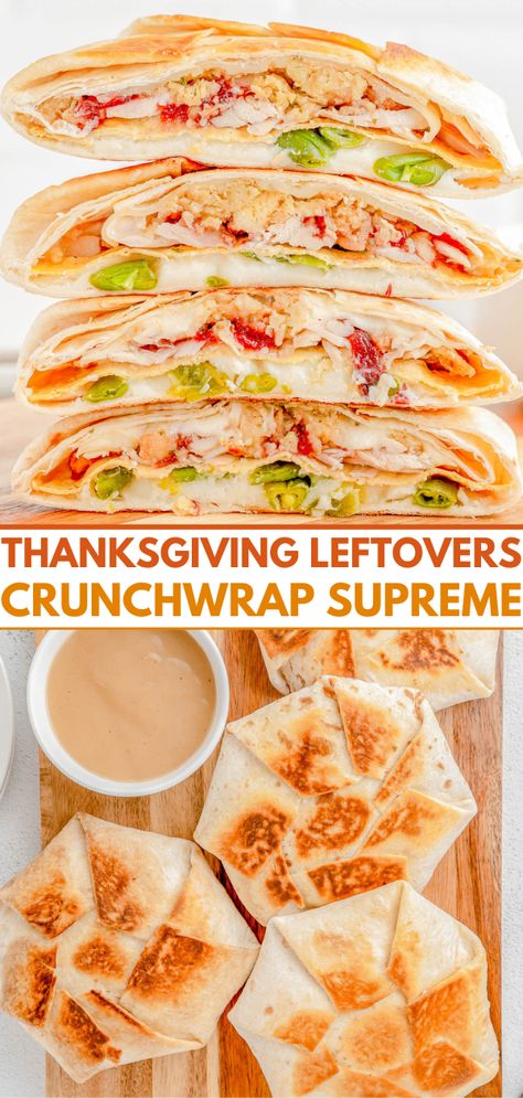 Thanksgiving Crunchwrap Supreme — Not sure what to do with all of those Thanksgiving leftovers? Turn them into Thanksgiving Crunchwraps! A soft flour tortilla and crunchy corn tostada base is piled high with your favorite Thanksgiving leftovers including turkey, mashed potatoes, stuffing, and more before sealing them, toasting, and dunking them in gravy. Leftovers never tasted so good! Thanksgiving Crunchwrap, Turkey Pot Pie Easy, Crunchy Corn, Crunchwrap Supreme, Shredded Turkey, Turkey Pot, Averie Cooks, Leftover Cranberry Sauce, Flour Tortilla