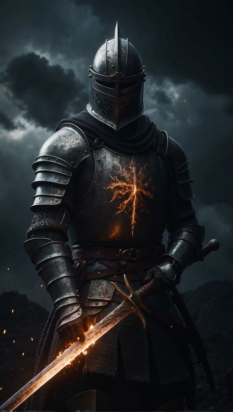 ultra detailed mid shot of a medieval knight with a mighty sword, medieval history, highly detailed, sparks of fire, dramatic lightning, photorealistic, 16k Fire Character, Temple Knights, Armor Tattoo, Gothic Wallpaper, Dark Souls Art, Angel Warrior, Gothic Fantasy Art, Knight Art, Medieval Knight