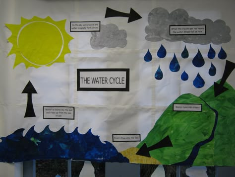 I love this bulletin board for a unit on the water cycle. The students could add to it as we go. I would include more vocabulary on it though. 1495 Water Cycle Bulletin Board, Water Cycle Project Poster, Air And Water Grade 2, Water Cycle Project Ideas, Poster Ideas For School Projects, Science Water Cycle, Poster Ideas For School, Water Cycle Poster, Water Cycle Project