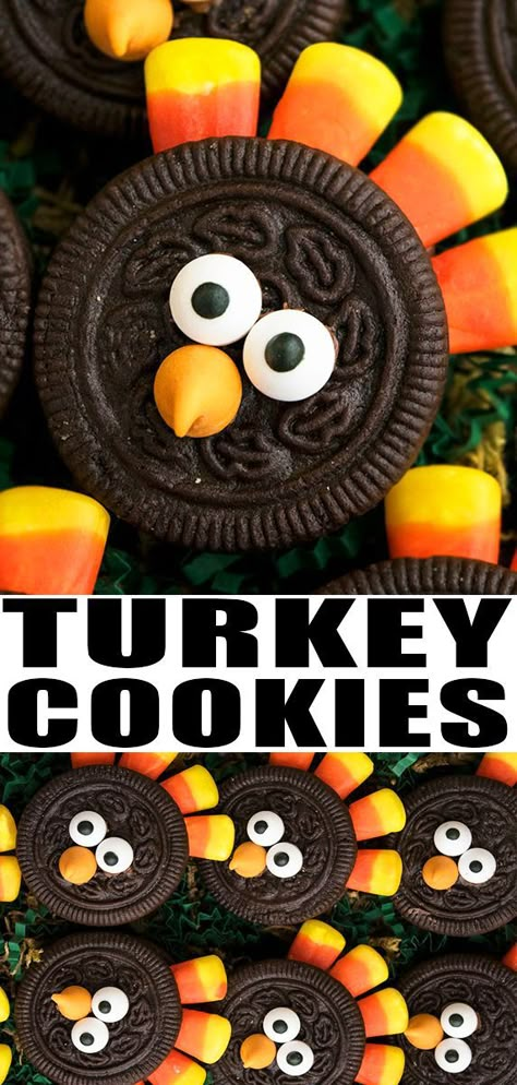 OREO TURKEY COOKIES- Quick, easy, cute, simple, no bake, decorated with simple ingredients like Oreos and candy corn. These DIY Thanksgiving cookies are fun to make with kids. From CakeWhiz.com #cookies #turkey #dessert #dessertrecipes #thanksgiving #fall #kids #oreos Fall Food Crafts For Kids Edible, Thanksgiving Edible Crafts, Edible Turkey Treats, Oreo Turkeys Treats For Kids, Turkey Suckers, Turkey Desserts For Kids, Turkey Cookies For Kids, Thanksgiving Cookies Decorated Easy, Thanksgiving Cookies For Kids