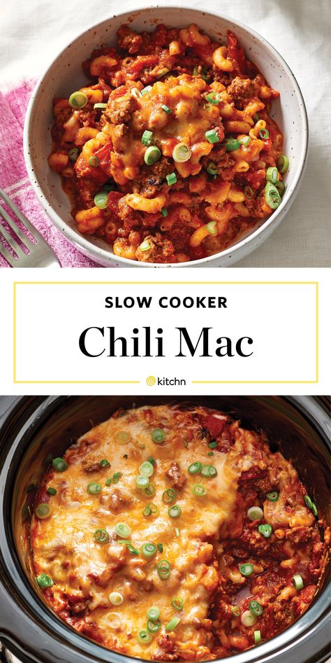 Recipe: Slow Cooker Chili Mac and Cheese — Recipes from The Kitchn Crockpot Recipes With Macaroni Noodles, Slow Cooker Elbow Pasta, Crockpot Recipes With Elbow Noodles, Elbow Macaroni Crockpot Recipes, Crockpot Elbow Pasta Recipes, Chilli Mac Recipe Slow Cooker, Chilli Mac And Cheese Crockpot, Ground Beef And Noodles Crockpot, Crockpot Cheddar Chili Mac