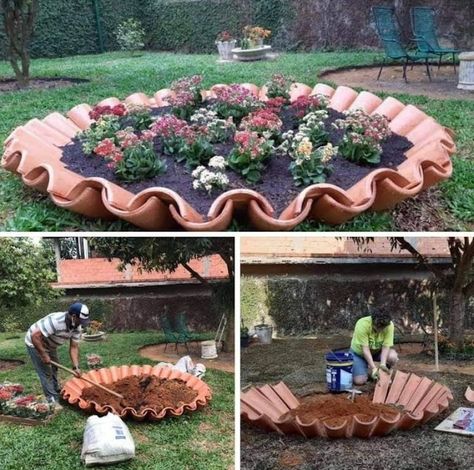 Mi Fiesta Creativa: Usando tejas de barro para decorar tu patio o jardín Clay Roof Tiles Ideas Garden, Clay Roof Tiles Ideas, Roof Tiles Ideas Garden, Roof Tiles Ideas, Backyard Plans, Clay Roof Tiles, Clay Roofs, Diy Backyard Landscaping, Backyard Diy Projects