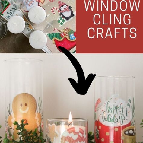 Window Cling Crafts Christmas, Crafts Using Window Clings, Christmas Window Cling Crafts, Window Clings Christmas, Crafts With Window Clings, Dollar Tree Window Cling Crafts, Window Cling Ideas, Window Cling Crafts, Window Clings Diy