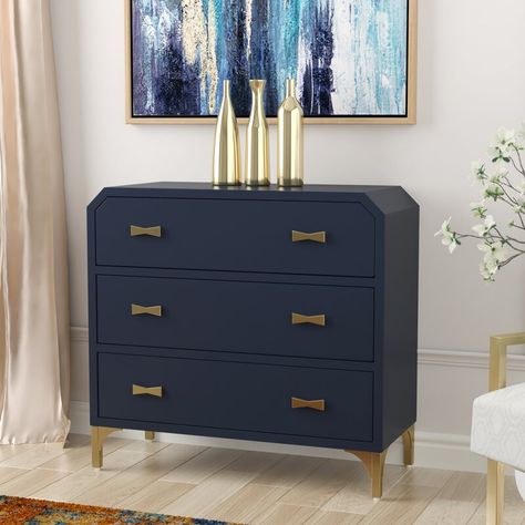 Willa Arlo Interiors Whitchurch Clip Corner 3 Drawer Accent Chest & Reviews | Wayfair.ca Navy Gold Bedroom, Blue And Gold Bedroom, Navy Bedrooms, Living Room Furniture Arrangement, Gold Living Room, Foyer Decor, Bedroom Images, Gold Bedroom, Accent Chest