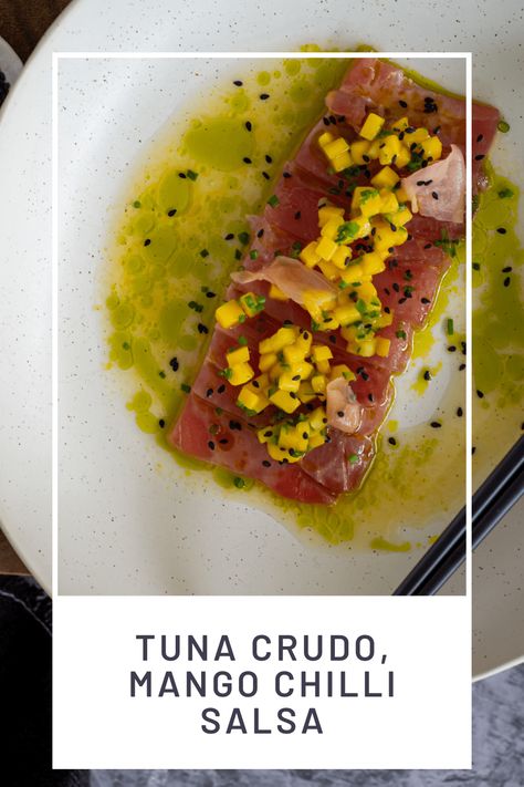 Tuna Crudo Recipe, Raw Tuna Recipes, Raw Tuna Recipe, Crudo Recipe, Spicy Tuna Recipe, Tuna Crudo, Salad Starter, Scallop Crudo, Fish Tin