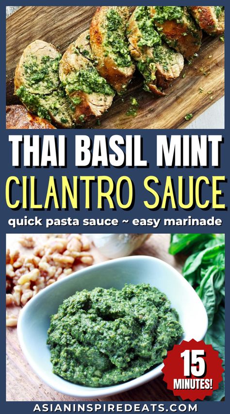 a small white bowl of thick green sauce Thai Basil Marinade, Thai Basil Chimichurri, Cilantro Mint Sauce, Fresh Thai Basil Recipes, Thai Basil Stir Fry Sauce, Thai Basil Pork, Quick Pasta Sauce, Asian Fusion Recipes, Easy Marinades