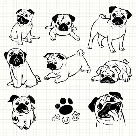 Pug Crafts, Blue Pug, Pug Cartoon, Pug Tattoo, Pug Illustration, Dog Line Drawing, Pug Pictures, Pug Art, Monster Drawing