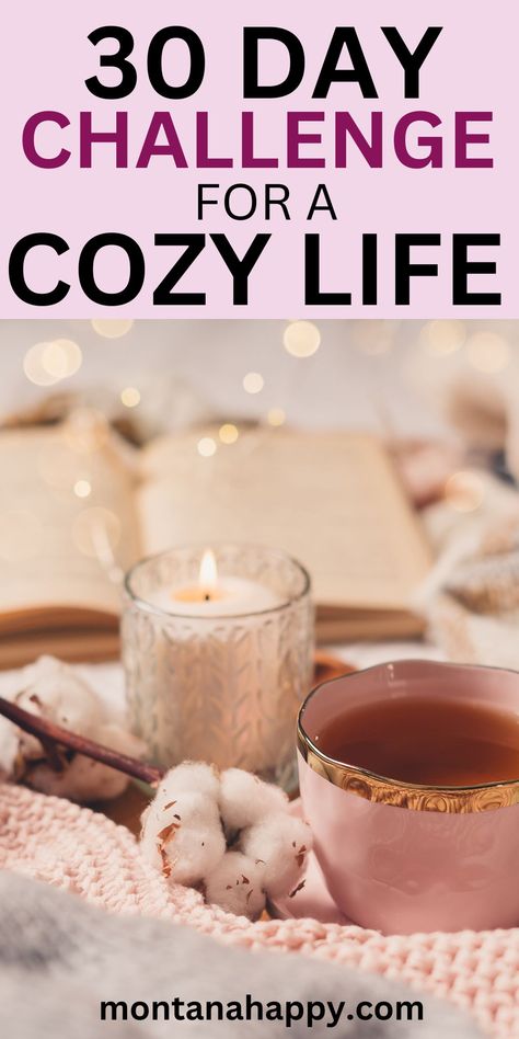 Cup of tea, candle, book, and fairy lights Hygge Challenge 30 Day, Calming Hobbies, Fairy Lifestyle, Hygge Challenge, Aesthetic Activities, Lagom Lifestyle, Spring Hygge, How To Destress, Cozy Hobbies