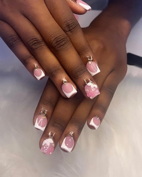 short frenchies + 3d flower ☺️🌸 • • • • • • • • #nailtech #nycnailtech #bronxtech #frenchtipnails #beginnernailtech #bookwithme #prettynails #3dflowernails #shortnails Short 3d Flower Nails, Nail Ideas For Couples, Short Frenchies, Nails With 3d Flowers, Really Short Nails, Pink Tip Nails, 3d Flower Nails, Unique Acrylic Nails, Birthday Nails