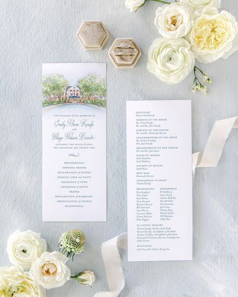 Watercolor Wedding Invitations on Instagram: "Another fun idea for incorporating your venue painting - use it on your programs! This wedding was held outdoors in the Oval Garden at the Williamsburg Inn, so the venue painting was the perfect touch on their programs. 🤍" Fall Wedding Programs, Blue Calligraphy, Castle Ideas, Az Wedding, Pumpkin Wedding, Mauve Wedding, 21 Birthday, Wedding Programs Template, Order Of Service