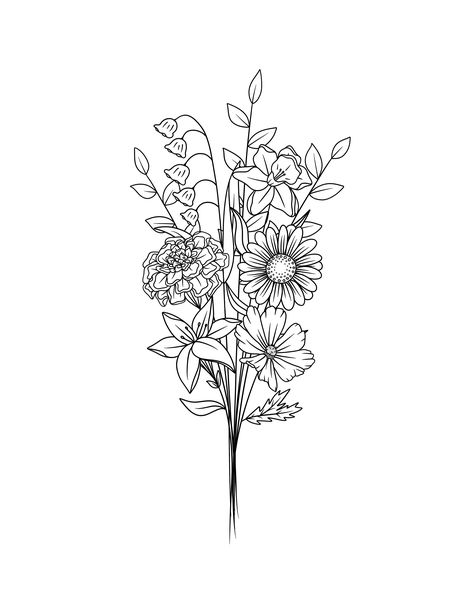 8 Flower Bouquet Tattoo, Bouquet Art Drawing, Bouquet Of Flowers Tattoo On Back, Flower Bouquet Tattoo Drawing, Flower Boquettes Drawings, Black And White Bouquet Tattoo, Fine Line Sunflower Bouquet Tattoo, Wildflower Bouquet Tattoo Simple, Wildflower Bouquet Drawing