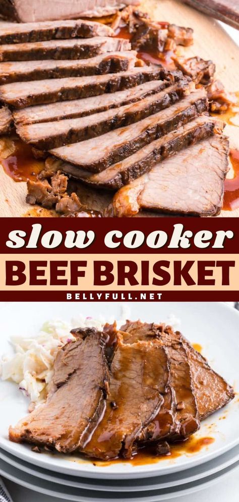 This Hanukkah food is sure to become a staple in your house! This Jewish recipe lets you have an easy dinner idea in the crock pot. Coated in spices and BBQ sauce, this Slow Cooker Beef Brisket is incredibly flavorful! Meat Crockpot, Beef Crock Pot, Slow Cooker Brisket Recipes, Slow Cooker Beef Brisket, Field Meals, Shabbat Recipes, Cooking Beef, Slow Cooker Brisket, Texas Chili