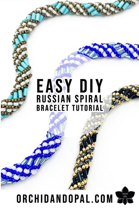 In today’s tutorial, I will show you how to make a quick and easy Russian Spiral stitch beaded bracelet with bugle beads and seed beads. The ends are finished with wire guards, then the jump rings and the clasp are attached. Russian Spiral stitch is a variation of beaded rope netting, and the same technique can be used with all sorts of bead shapes and sizes, not just with seed and bugle beads, as shown in today’s video. Lanyard Tutorial Beaded, Russian Beading Tutorials, Beaded Rope Tutorial, Russian Spiral, Spiral Stitch, Beaded Bracelet Tutorial, Seed Bead Bracelets Tutorials, Bead Shapes, Spiral Jewelry