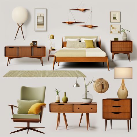 Bedroom Inspiration Mid Century Modern, Retro Modern Bedroom Design, Mid Century Airbnb, Mid Century Modern Studio Apartment Interior Design, Scandinavian Mid Century Modern Bedroom, Guest Room Mid Century Modern, Moody Midcentury Modern Bedroom, Mid Century Modern Bedroom Mood Board, Mcm Mood Board